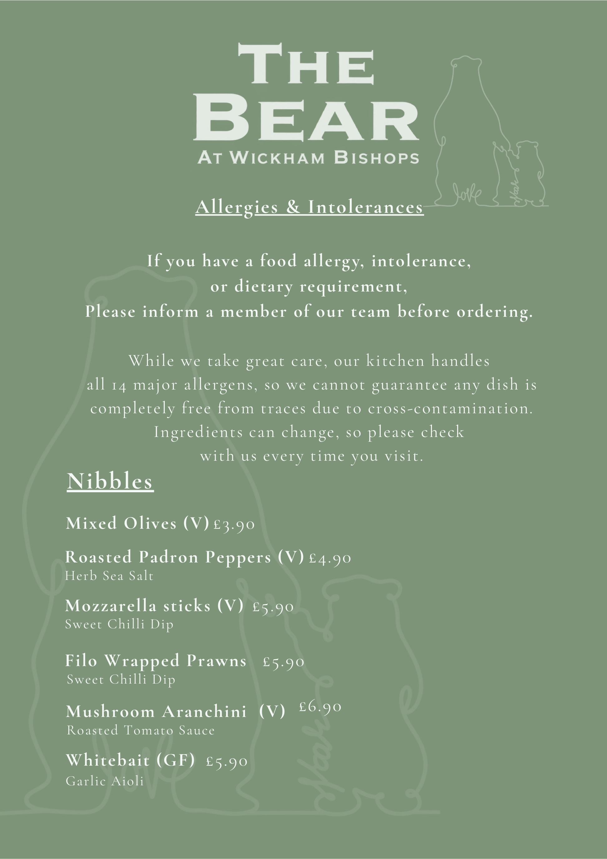 The Bear allergens and nibbles menu page
