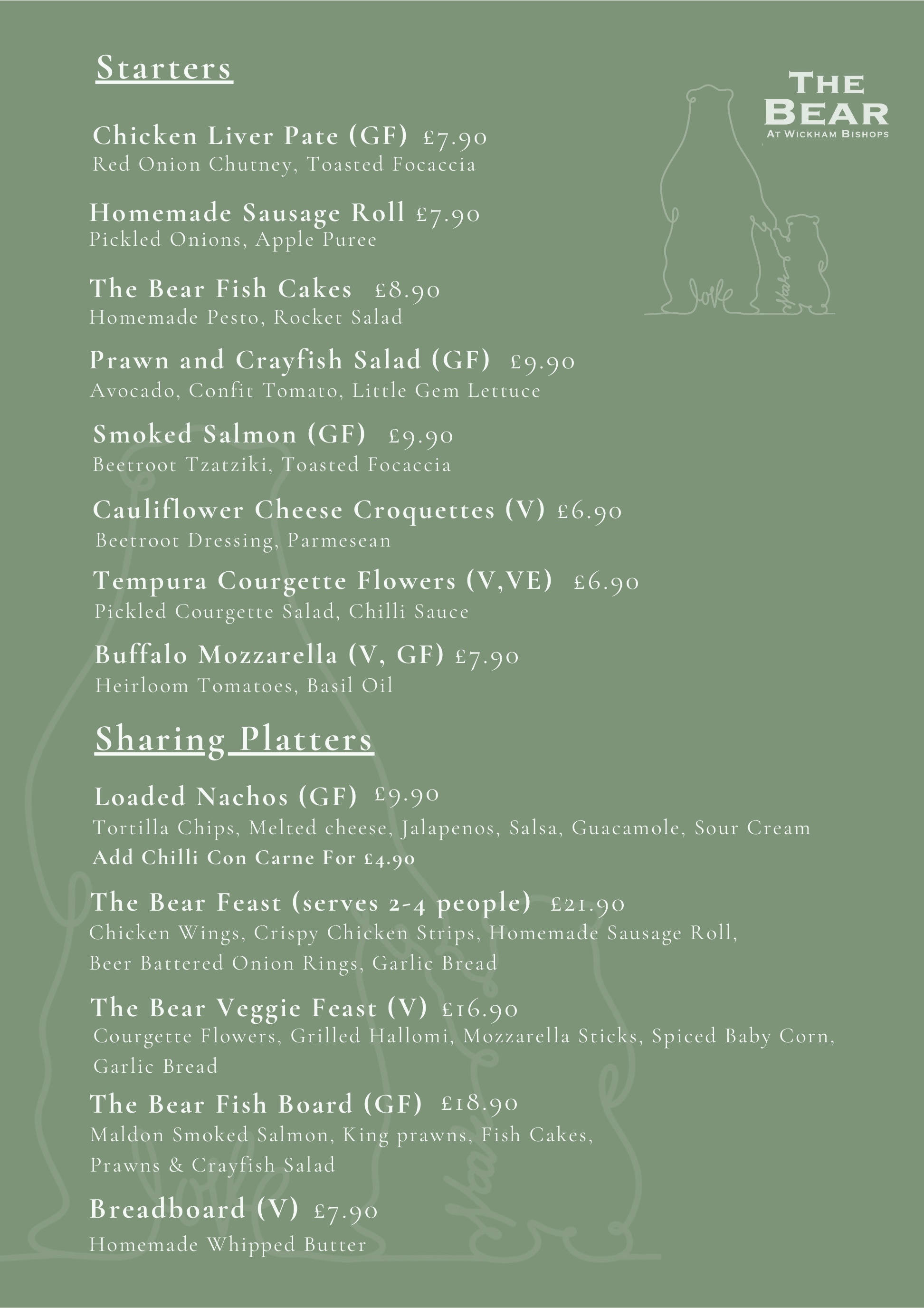 The Bear starters and sharing platters menu page