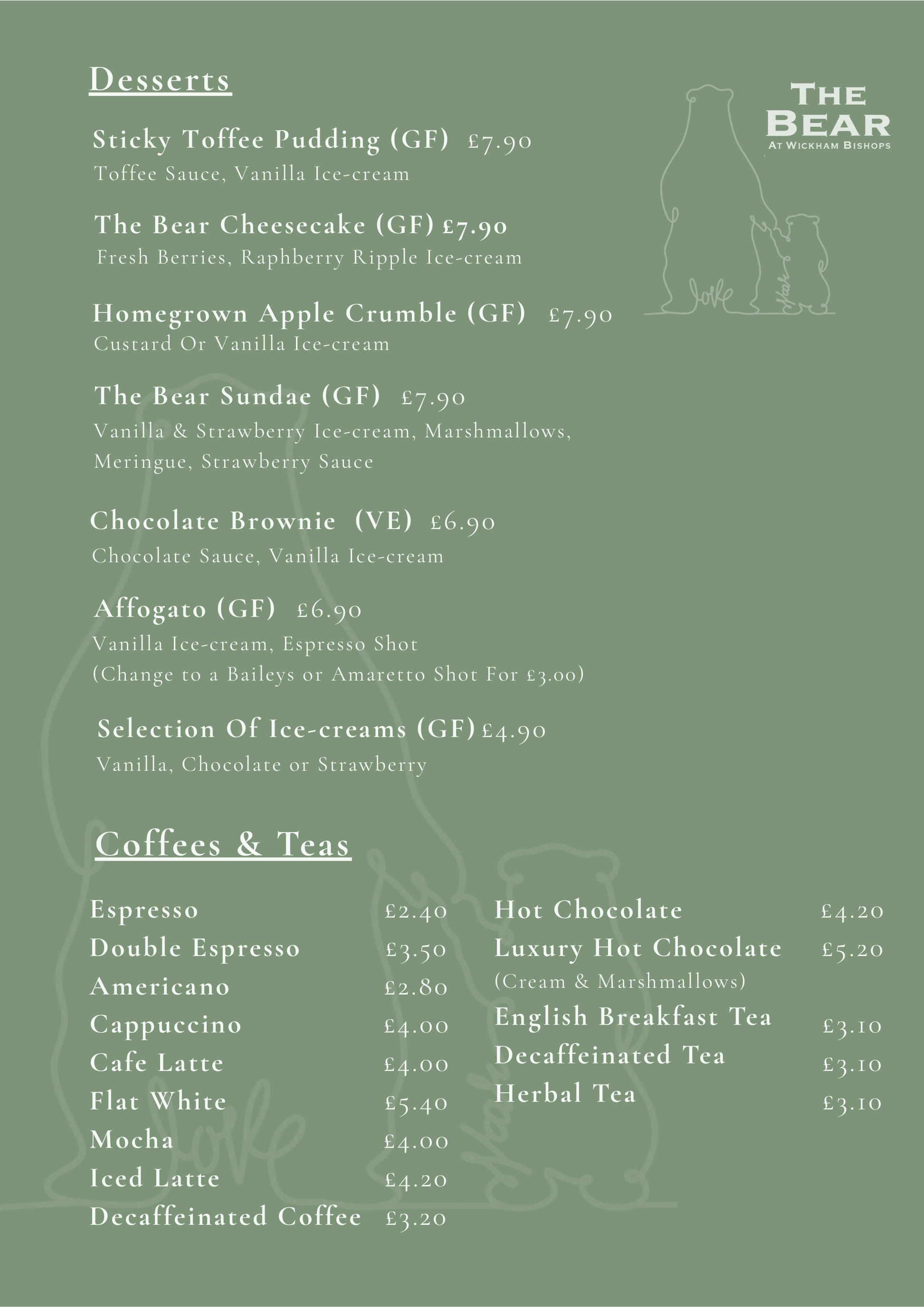 The Bear desserts and coffees menu page